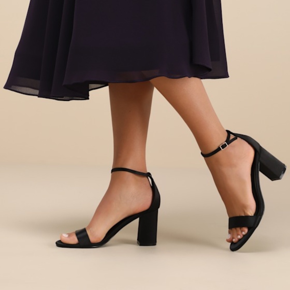 Lulus Arylee Black Satin Ankle Strap Heels - Size 7
